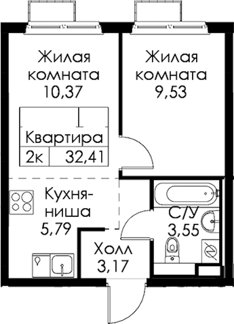 1-комнатная квартира 32.41 м², 7/15 эт., ЖК «Янинский лес»